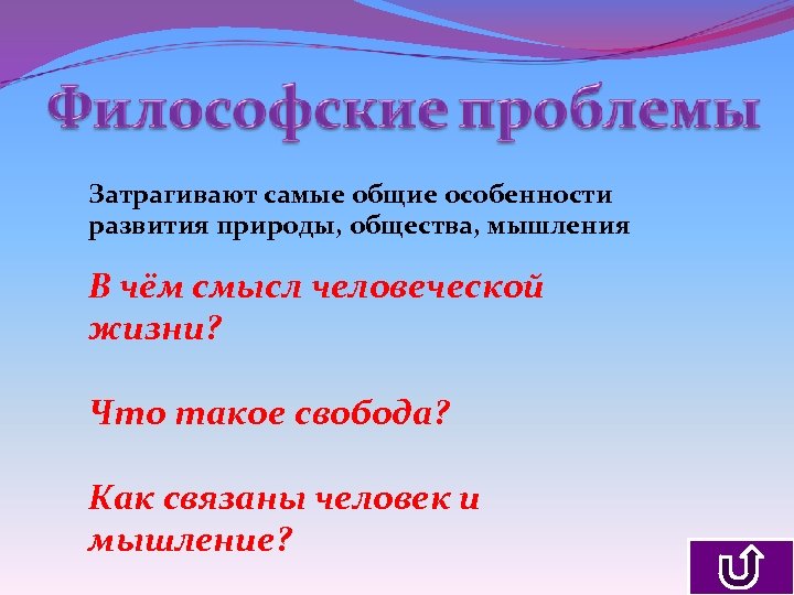 Затрагивают самые общие особенности развития природы, общества, мышления В чём смысл человеческой жизни? Что