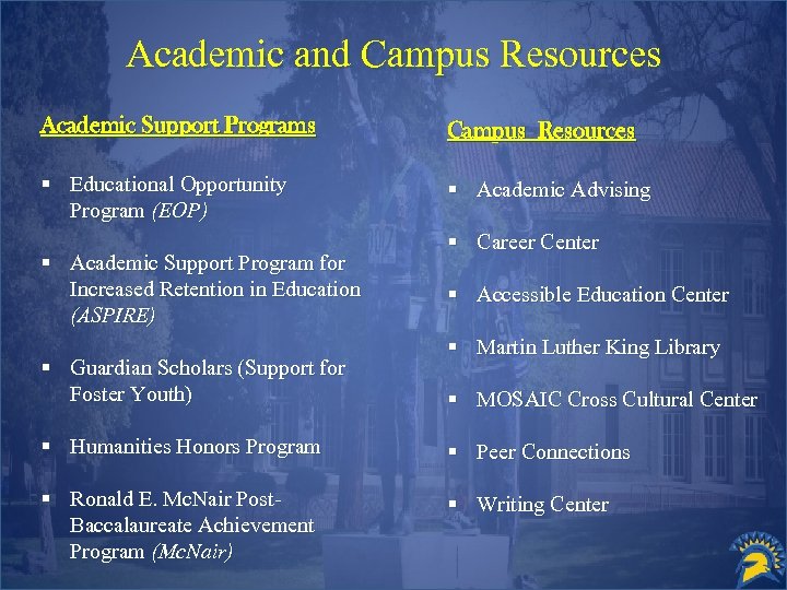 Academic and Campus Resources Academic Support Programs Campus Resources § Educational Opportunity Program (EOP)