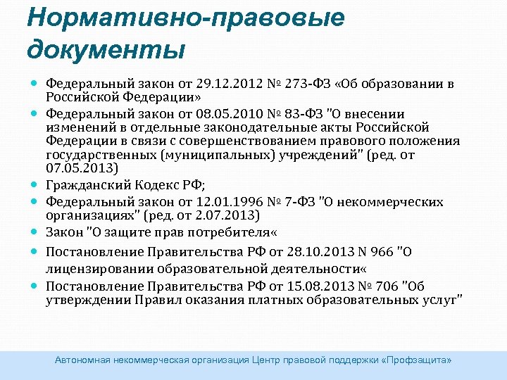 Нормативно-правовые документы Федеральный закон от 29. 12. 2012 № 273 -ФЗ «Об образовании в