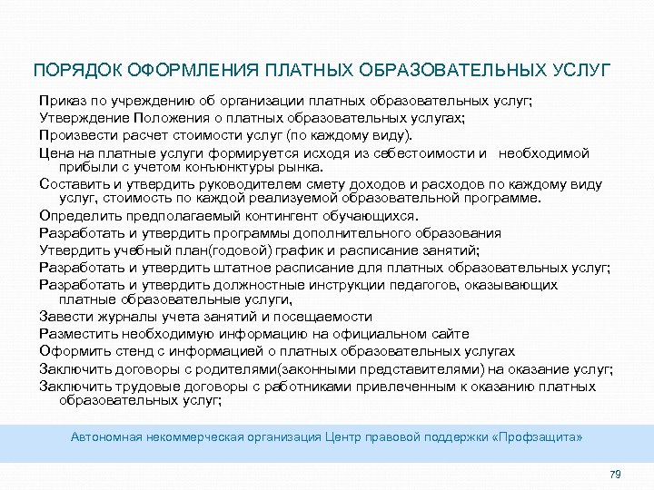 ПОРЯДОК ОФОРМЛЕНИЯ ПЛАТНЫХ ОБРАЗОВАТЕЛЬНЫХ УСЛУГ Приказ по учреждению об организации платных образовательных услуг; Утверждение