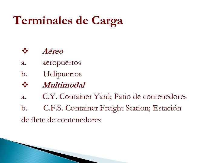 Terminales de Carga v Aéreo a. aeropuertos b. Helipuertos v Multimodal a. C. Y.