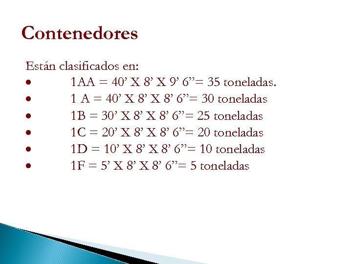 Contenedores Están clasificados en: · 1 AA = 40’ X 8’ X 9’ 6”=