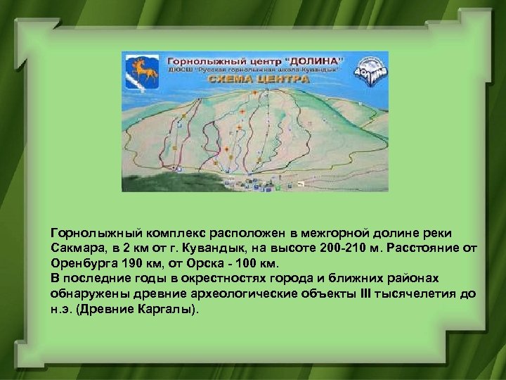 Горнолыжный комплекс расположен в межгорной долине реки Сакмара, в 2 км от г. Кувандык,