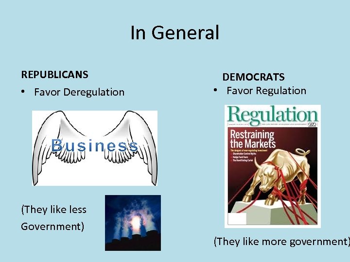 In General REPUBLICANS • Favor Deregulation DEMOCRATS • Favor Regulation (They like less Government)