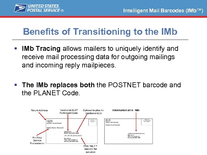 Intelligent Mail Barcodes (IMb™) Benefits of Transitioning to the IMb Tracing allows mailers to