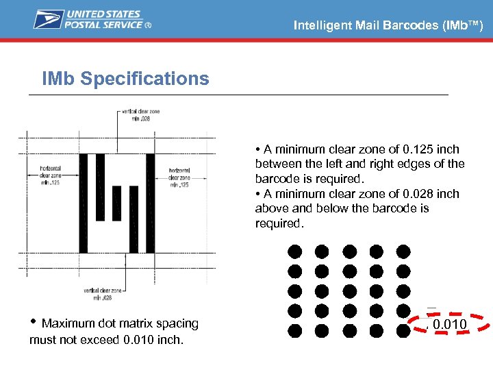 Intelligent Mail Barcodes (IMb™) IMb Specifications • A minimum clear zone of 0. 125