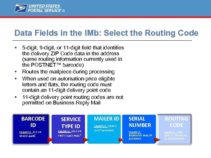 Data Fields in the IMb: Select the Routing Code 5 -digit, 9 -digit, or