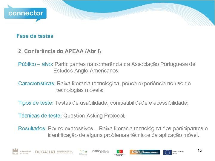 Fase de testes 2. Conferência do APEAA (Abril) Público – alvo: Participantes na conferência