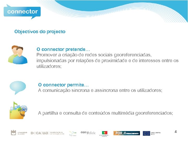 Objectivos do projecto O connector pretende… Promover a criação de redes sociais georeferenciadas, impulsionadas