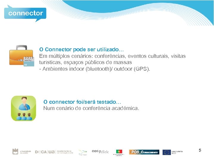 O Connector pode ser utilizado… Em múltiplos cenários: conferências, eventos culturais, visitas turísticas, espaços