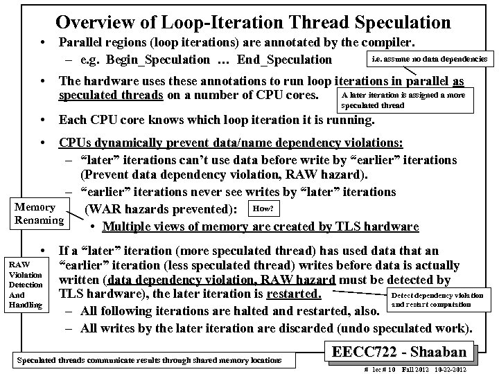 Overview of Loop-Iteration Thread Speculation • Parallel regions (loop iterations) are annotated by the