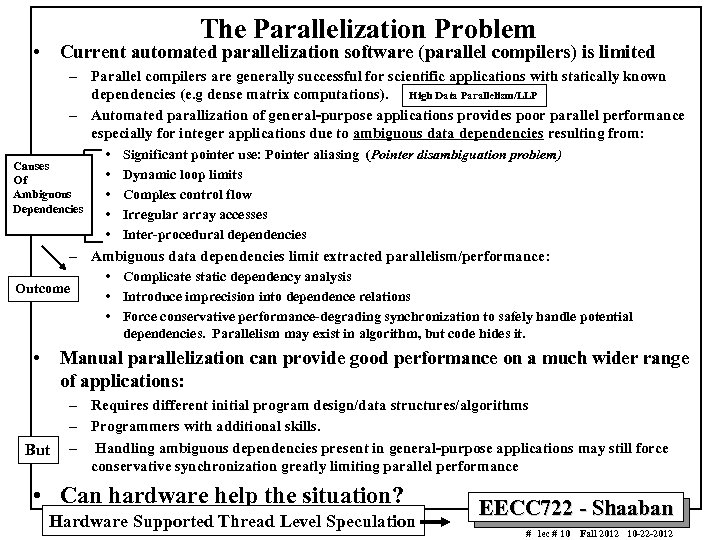 The Parallelization Problem • Current automated parallelization software (parallel compilers) is limited – Parallel