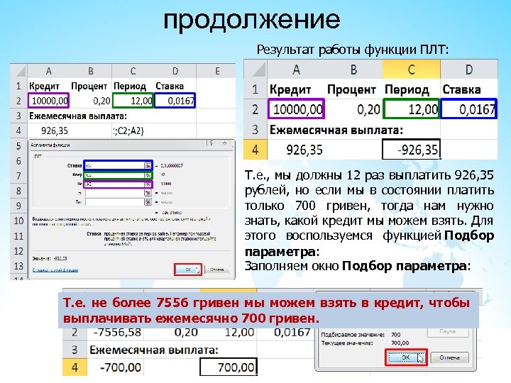 продолжение Результат работы функции ПЛТ: Т. е. , мы должны 12 раз выплатить 926,