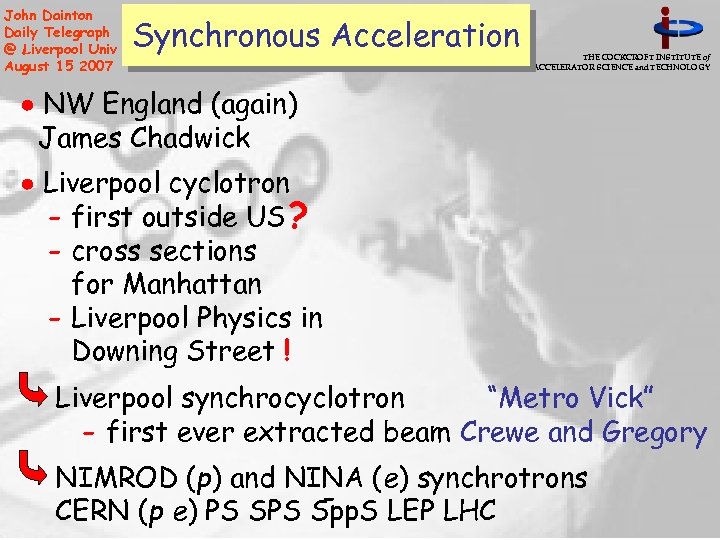 John Dainton Daily Telegraph @ Liverpool Univ August 15 2007 Synchronous Acceleration THE COCKCROFT