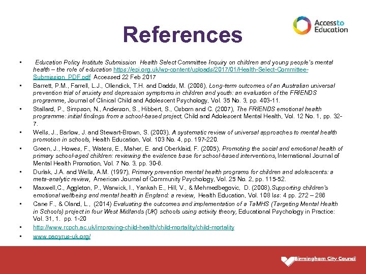 References • • • Education Policy Institute Submission Health Select Committee Inquiry on children