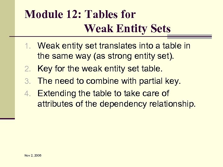 Module 12: Tables for Weak Entity Sets 1. Weak entity set translates into a