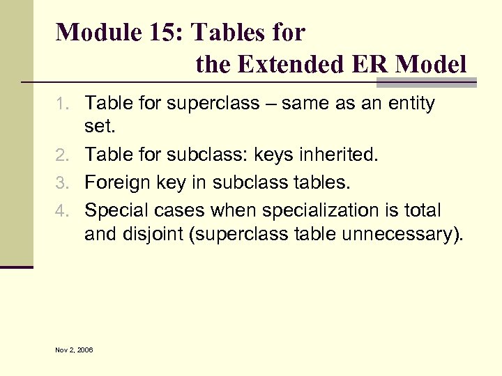 Module 15: Tables for the Extended ER Model 1. Table for superclass – same