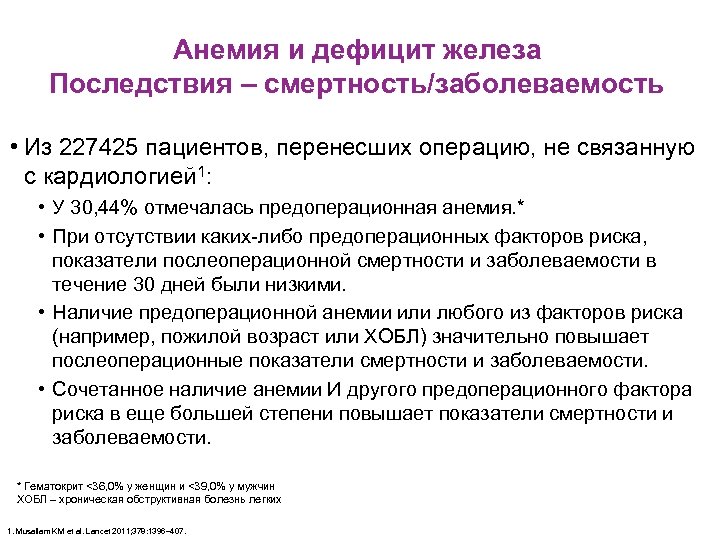  Анемия и дефицит железа Последствия – смертность/заболеваемость • Из 227425 пациентов, перенесших операцию,