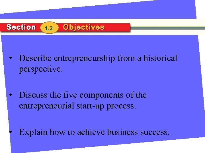 1. 2 • Describe entrepreneurship from a historical perspective. • Discuss the five components