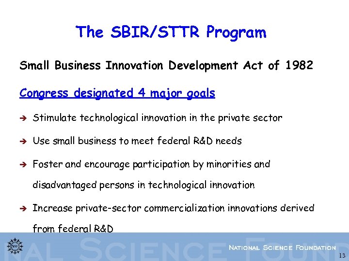 The SBIR/STTR Program Small Business Innovation Development Act of 1982 Congress designated 4 major
