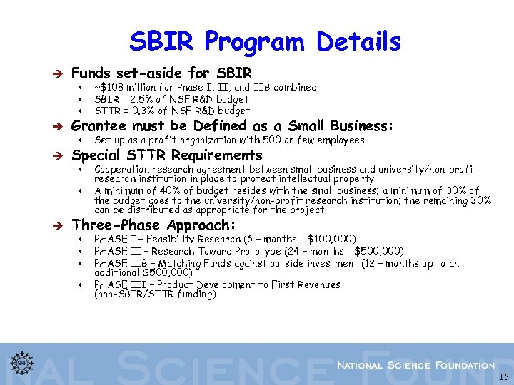 SBIR Program Details è Funds set-aside for SBIR w w è Set up as