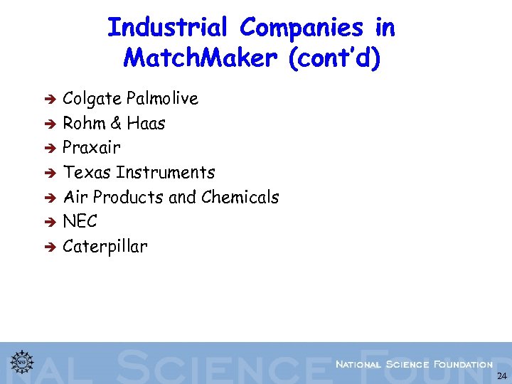 Industrial Companies in Match. Maker (cont’d) è è è è Colgate Palmolive Rohm &