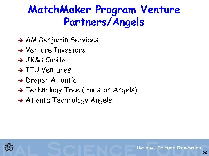 Match. Maker Program Venture Partners/Angels è è è è AM Benjamin Services Venture Investors