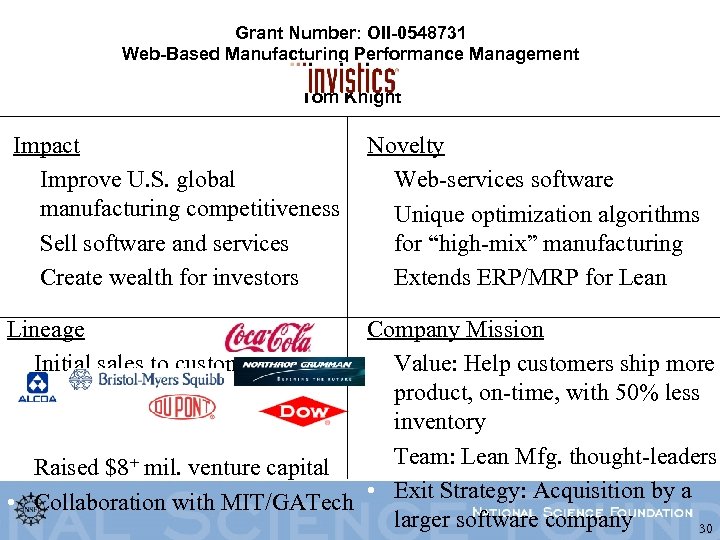 Grant Number: OII-0548731 Web-Based Manufacturing Performance Management Invistics Tom Knight Impact • Improve U.