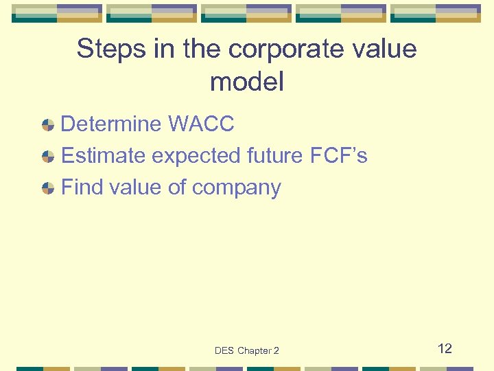 Steps in the corporate value model Determine WACC Estimate expected future FCF’s Find value