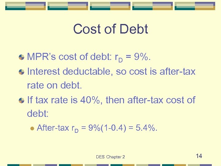 Cost of Debt MPR’s cost of debt: r. D = 9%. Interest deductable, so