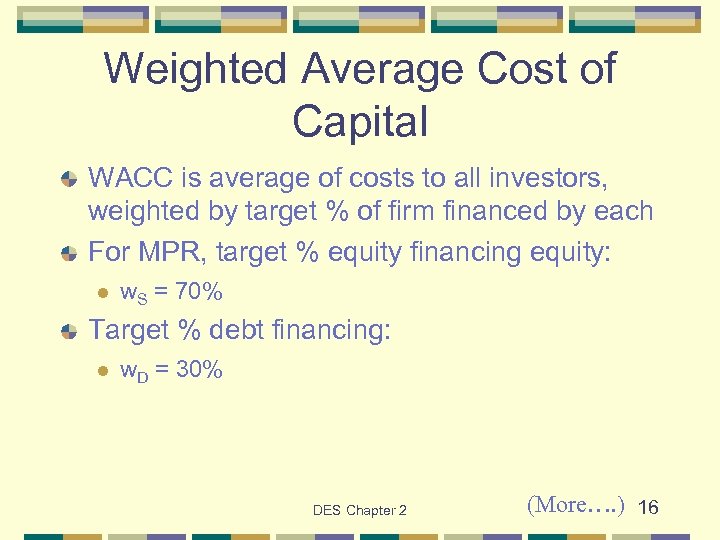 Weighted Average Cost of Capital WACC is average of costs to all investors, weighted