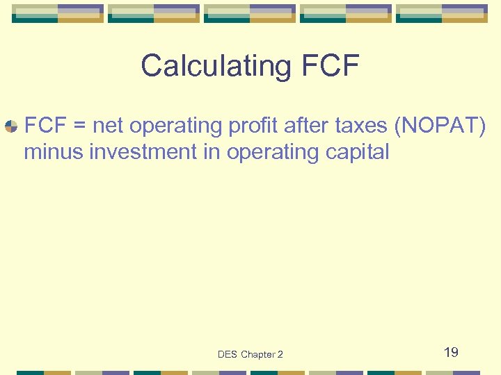 Calculating FCF = net operating profit after taxes (NOPAT) minus investment in operating capital