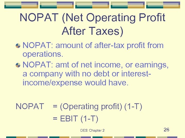 NOPAT (Net Operating Profit After Taxes) NOPAT: amount of after-tax profit from operations. NOPAT: