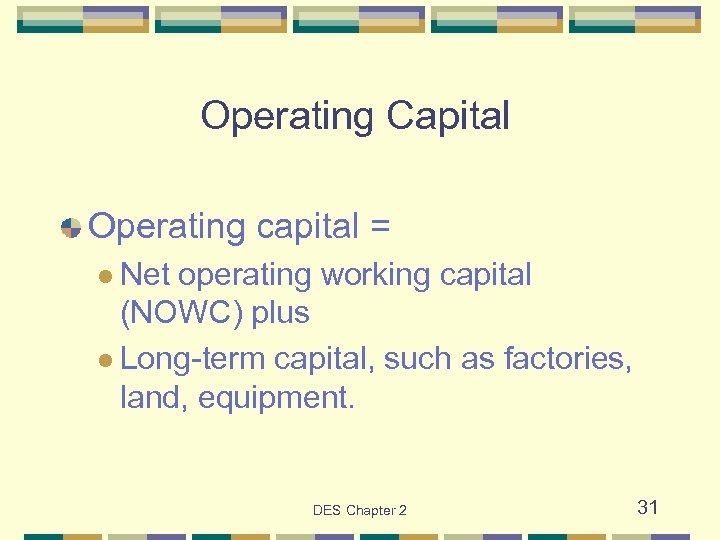Operating Capital Operating capital = l Net operating working capital (NOWC) plus l Long-term