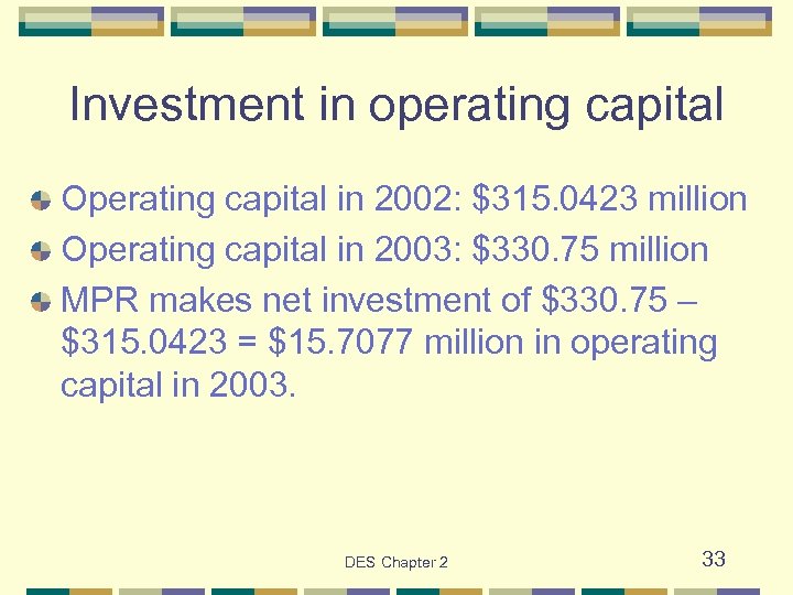 Investment in operating capital Operating capital in 2002: $315. 0423 million Operating capital in