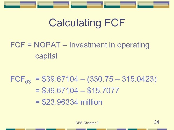 Calculating FCF = NOPAT – Investment in operating capital FCF 03 = $39. 67104