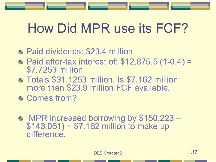 How Did MPR use its FCF? Paid dividends: $23. 4 million Paid after-tax interest