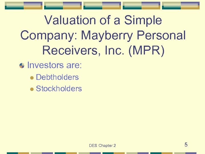 Valuation of a Simple Company: Mayberry Personal Receivers, Inc. (MPR) Investors are: Debtholders l