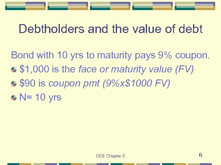 Debtholders and the value of debt Bond with 10 yrs to maturity pays 9%