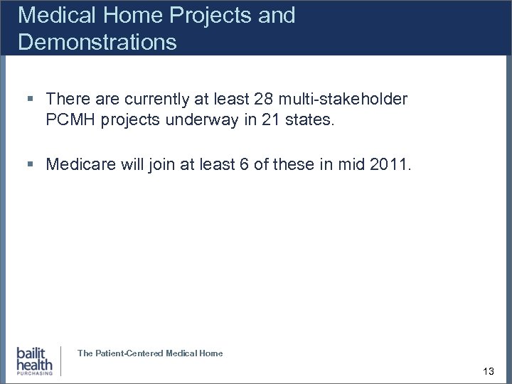 Medical Home Projects and Demonstrations There are currently at least 28 multi-stakeholder PCMH projects