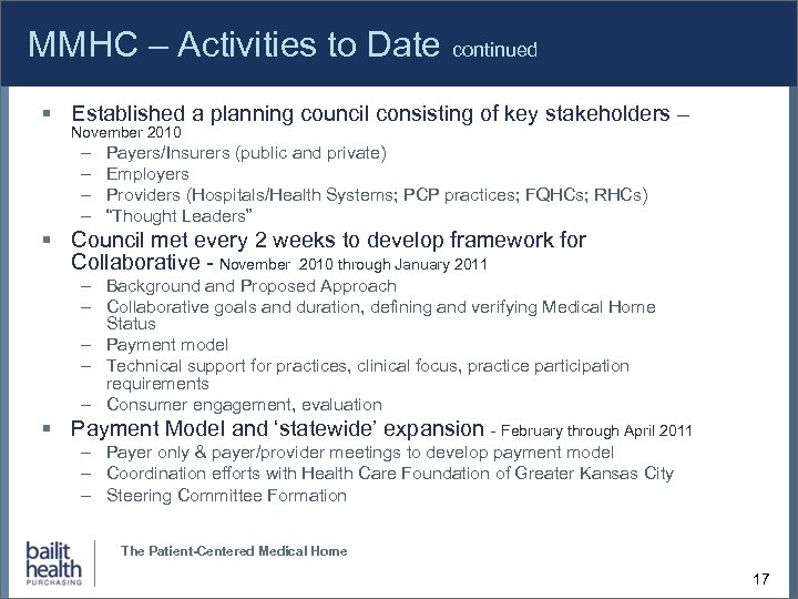 MMHC – Activities to Date continued Established a planning council consisting of key stakeholders