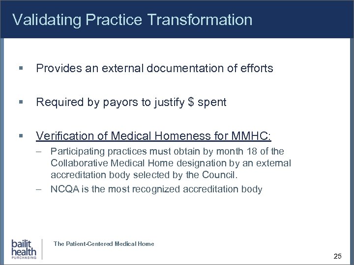 Validating Practice Transformation Provides an external documentation of efforts Required by payors to justify