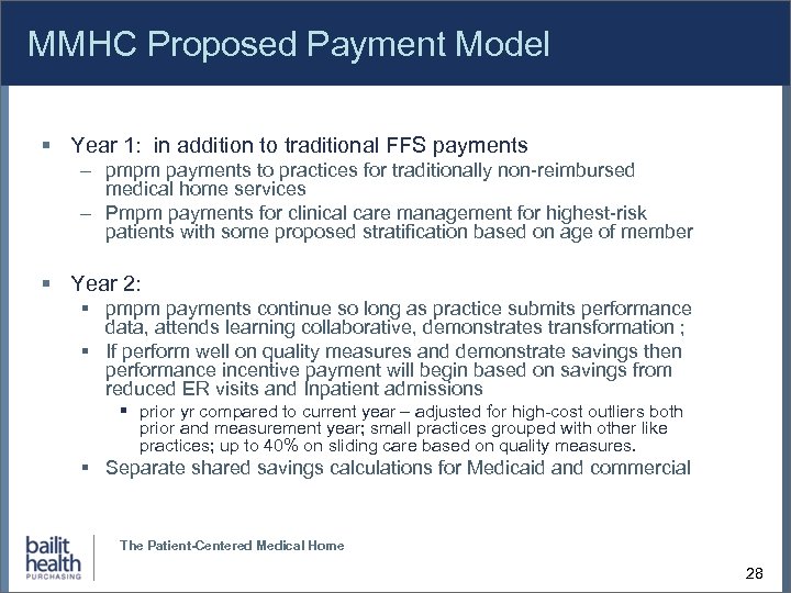 MMHC Proposed Payment Model Year 1: in addition to traditional FFS payments – pmpm