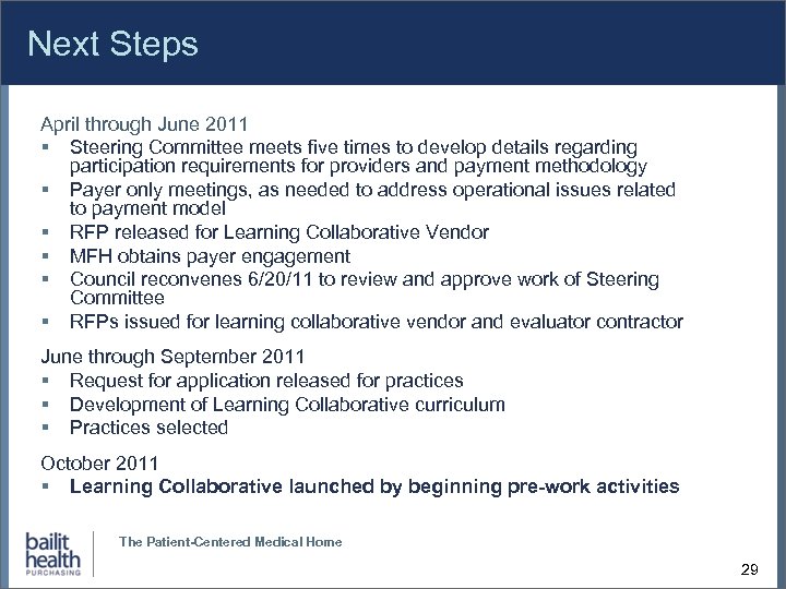 Next Steps April through June 2011 Steering Committee meets five times to develop details