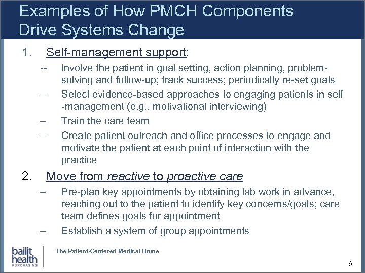 Examples of How PMCH Components Drive Systems Change 1. Self-management support: -- – –