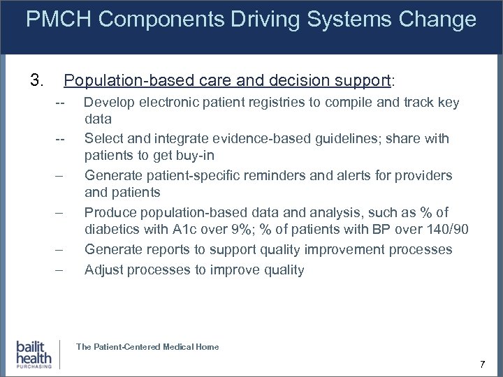 PMCH Components Driving Systems Change 3. Population-based care and decision support: --- – –