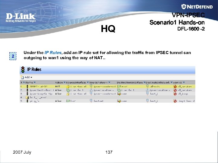 HQ 2 VPN-IPSEC Scenario 1 Hands-on DFL-1600 -2 Under the IP Rules, add an