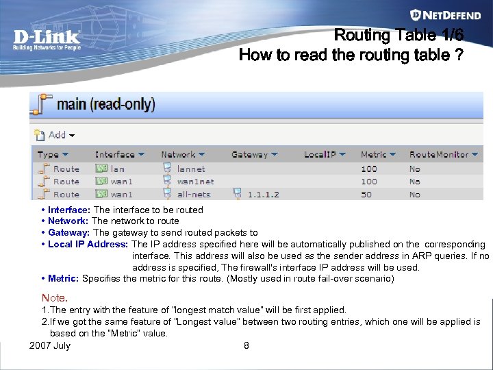 Routing Table 1/6 How to read the routing table ? • Interface: The interface