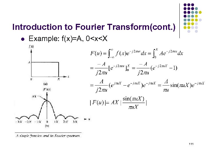 Introduction to Fourier Transform(cont. ) l Example: f(x)=A, 0<x<X 111 