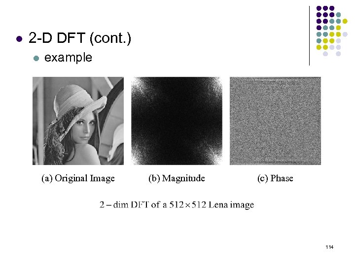 l 2 -D DFT (cont. ) l example (a) Original Image (b) Magnitude (c)